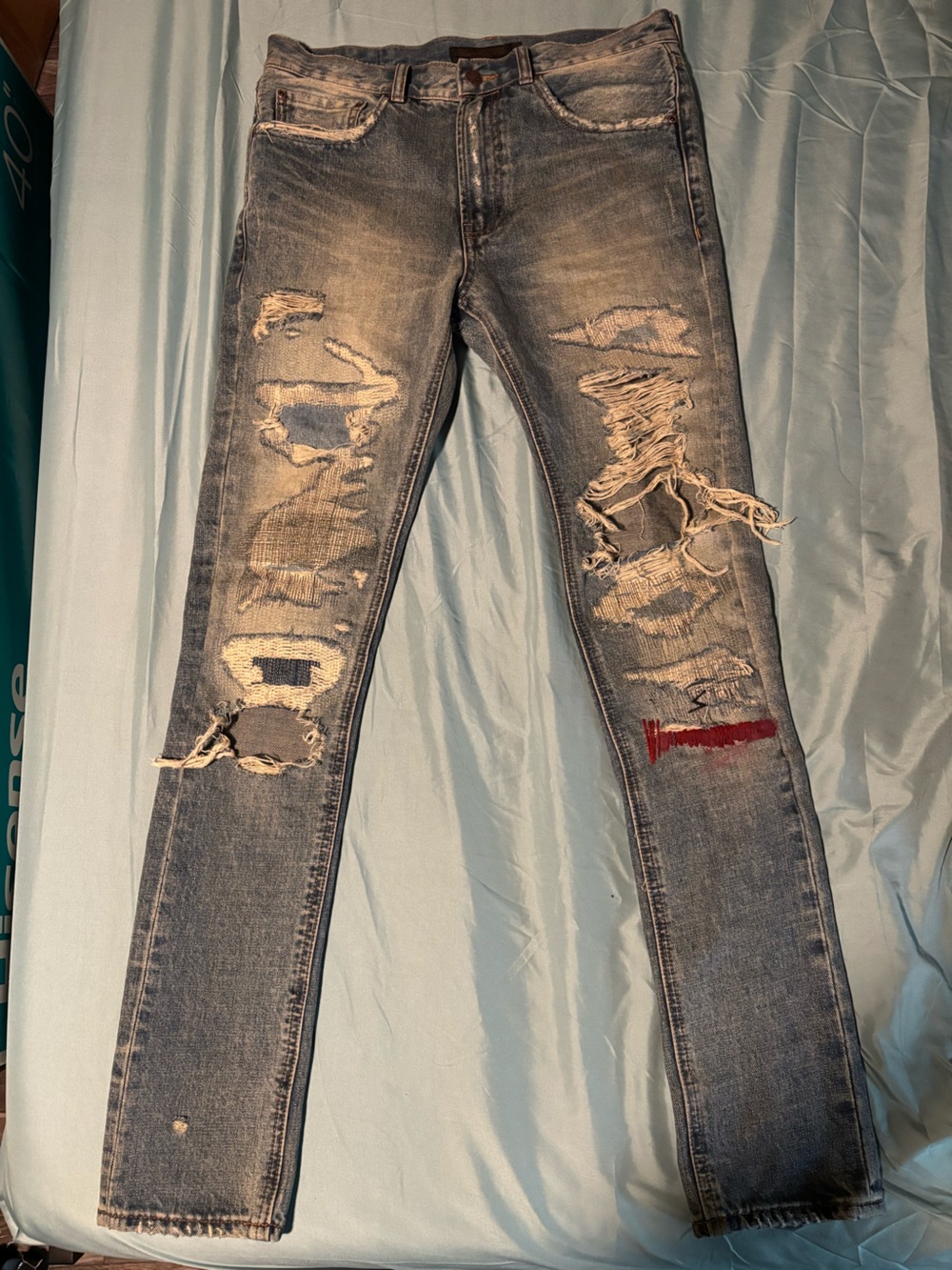 Undercover 68 Red Yarn Distressed Slim Fit Men’s Jeans - Light Blue Tan